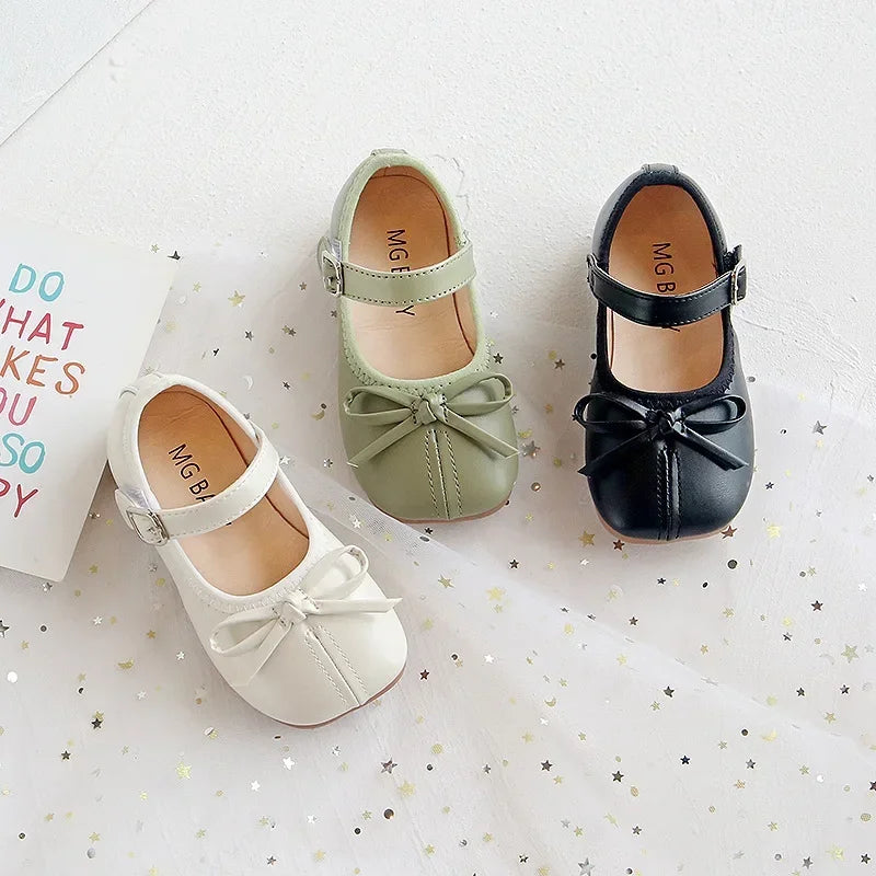 Girls PU Leather Mary Jane Flats with Butterfly Accent – Soft Sole Infant, Toddler & Kids Shoes