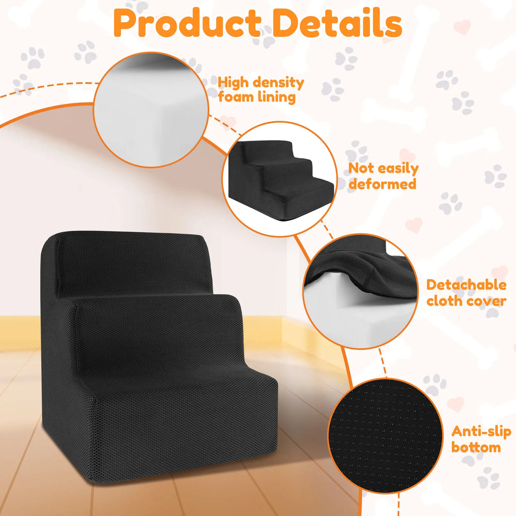 3-Step Pet Stairs for Small & Medium Dogs and Cats — 34 x 40 x 30 cm (13.4 x 15.7 x 11.8 in) High-Density Foam, Non-Slip, Removable Washable Cover
