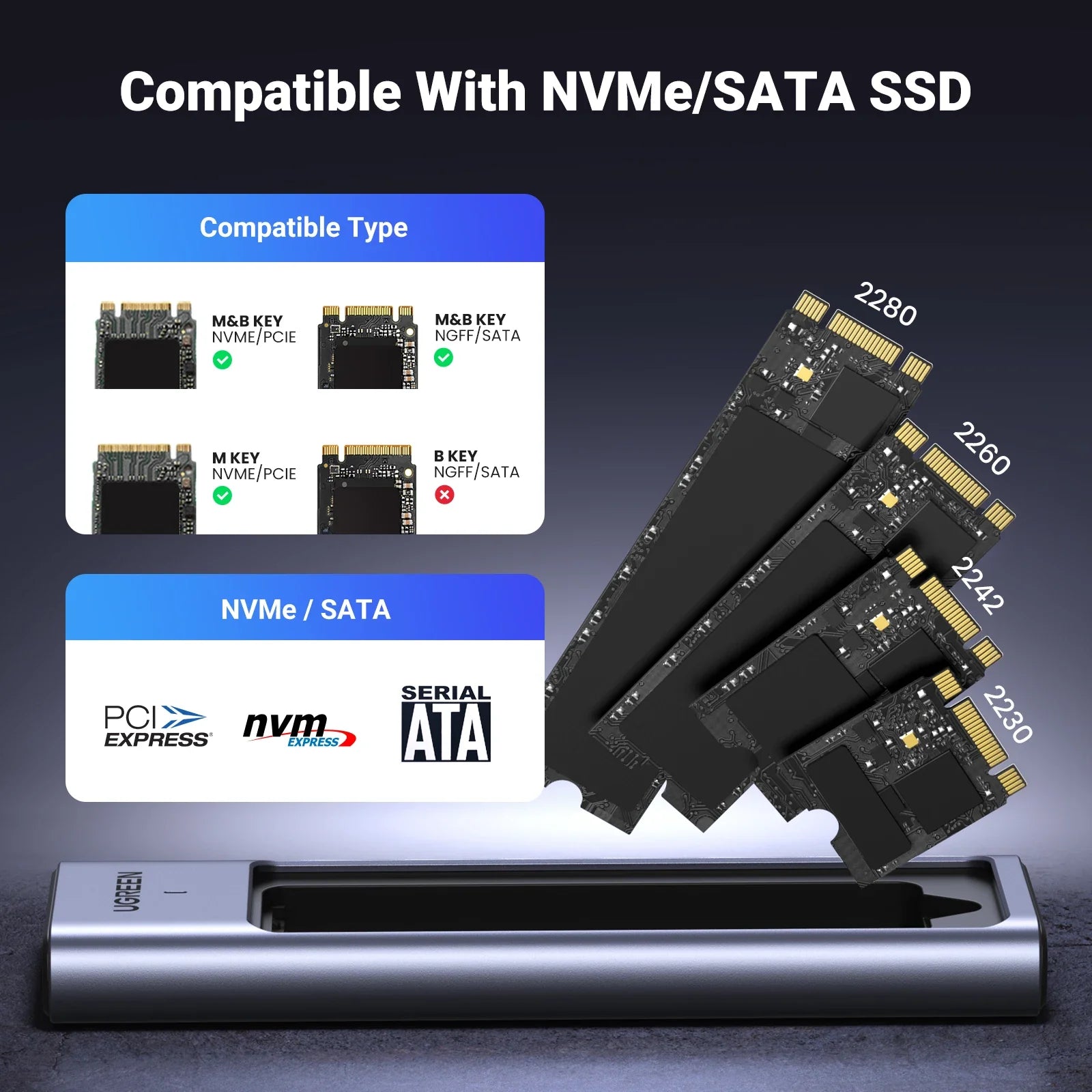 M.2 NVMe & SATA SSD Enclosure USB-C 20Gbps (USB 3.2 Gen2x2) — Supports 2230/2242/2260/2280 M & B+M Keys, Up to 8TB