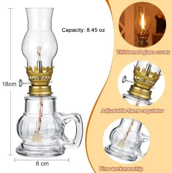 Mini Glass Oil Lamp with Shade Retro Windproof Desktop Kerosene Lantern Candle Holder — 19.5 cm (7.7 in)