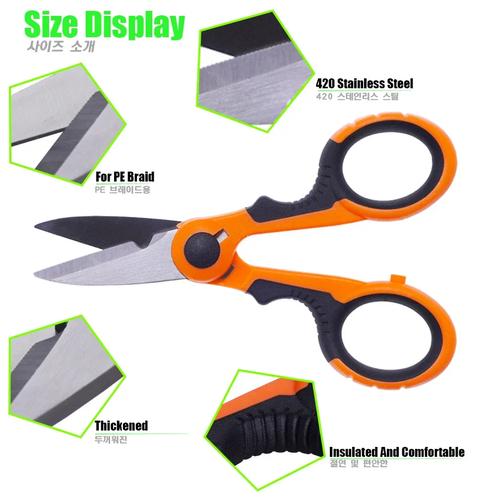 Fishing Line Scissors 140mm (5.5in) Stainless Steel Tungsten Carbide Cutter Non-Slip Rubber Handle with Protective Sheath