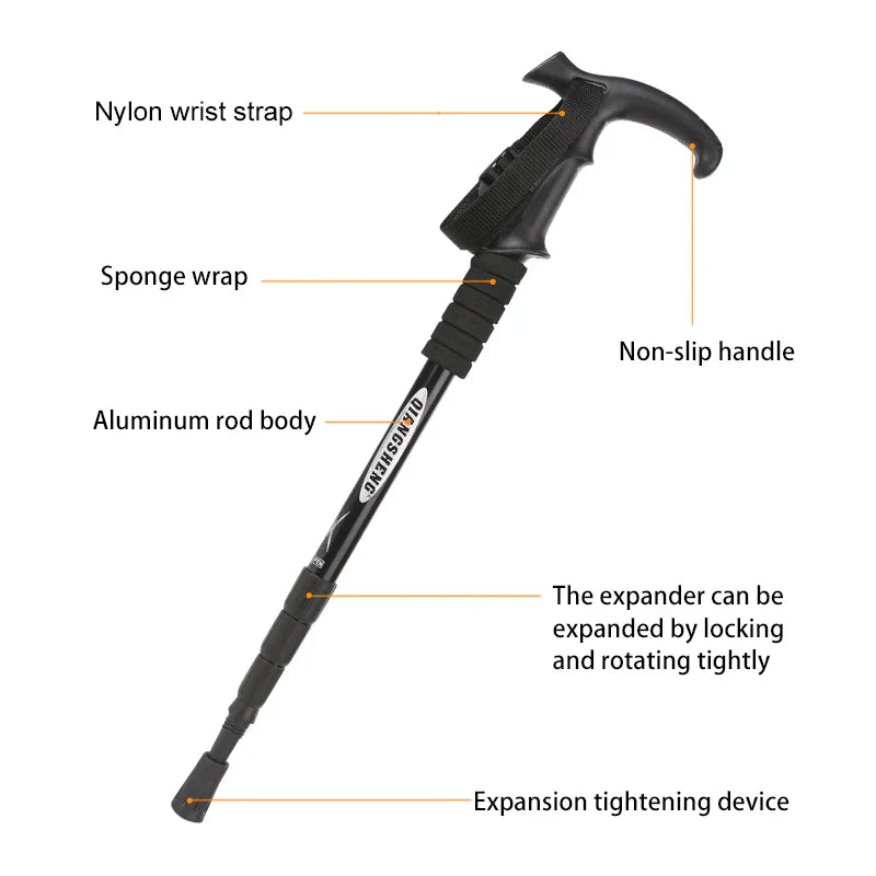 Folding 4-Section Telescopic Trekking Pole - Lightweight Aluminum Hiking Stick with T-Handle, Adjustable 21-43 in (53-110 cm)