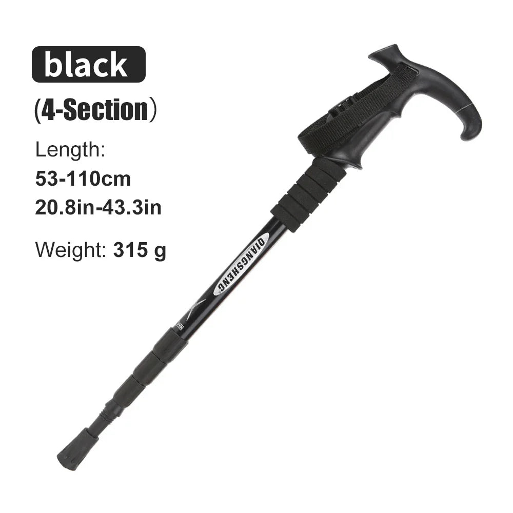 Folding 4-Section Telescopic Trekking Pole - Lightweight Aluminum Hiking Stick with T-Handle, Adjustable 21-43 in (53-110 cm)