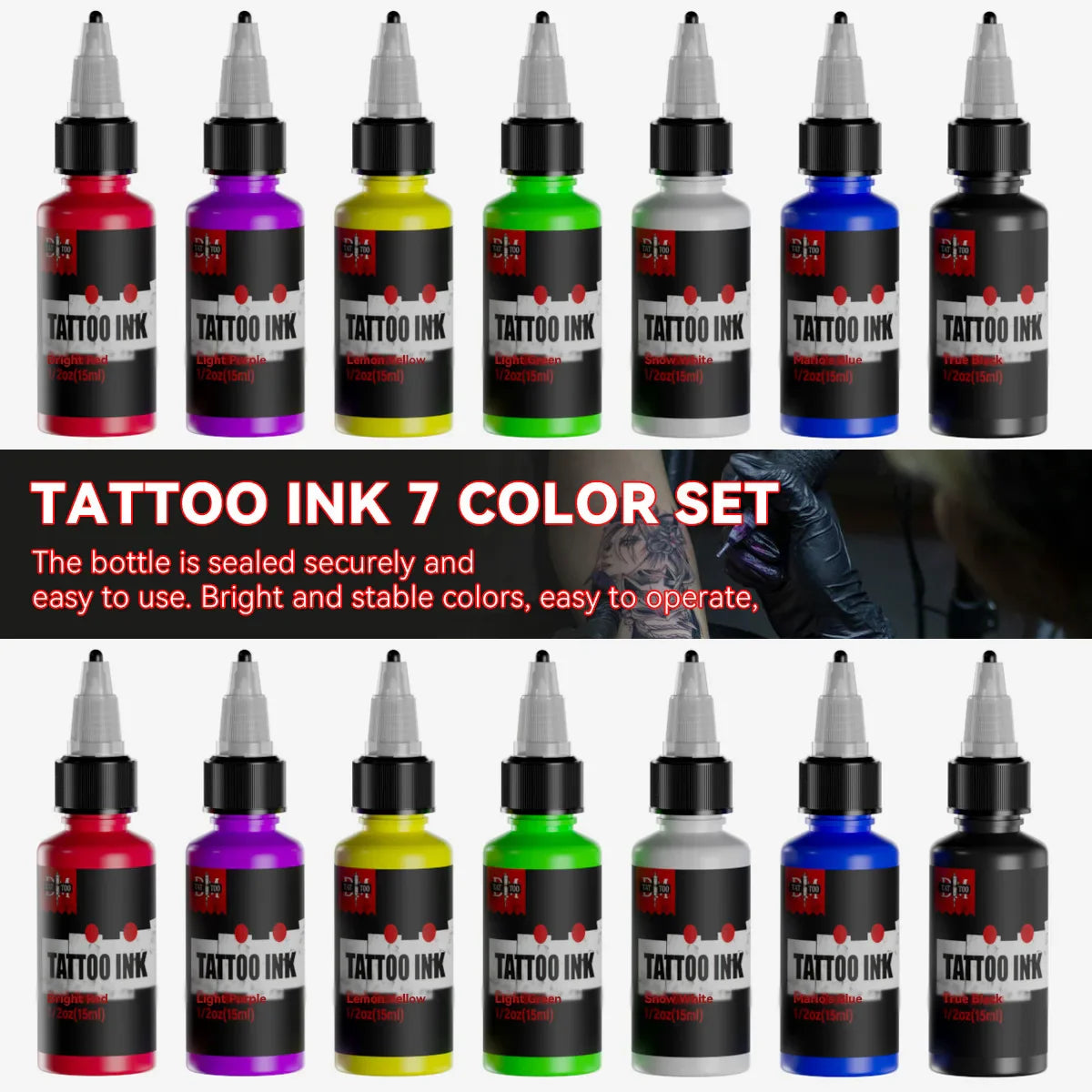 7-Pack 15ml Tattoo Ink Set - 7 Colors Body Art Pigments for Semi-Permanent Makeup & Tattooing