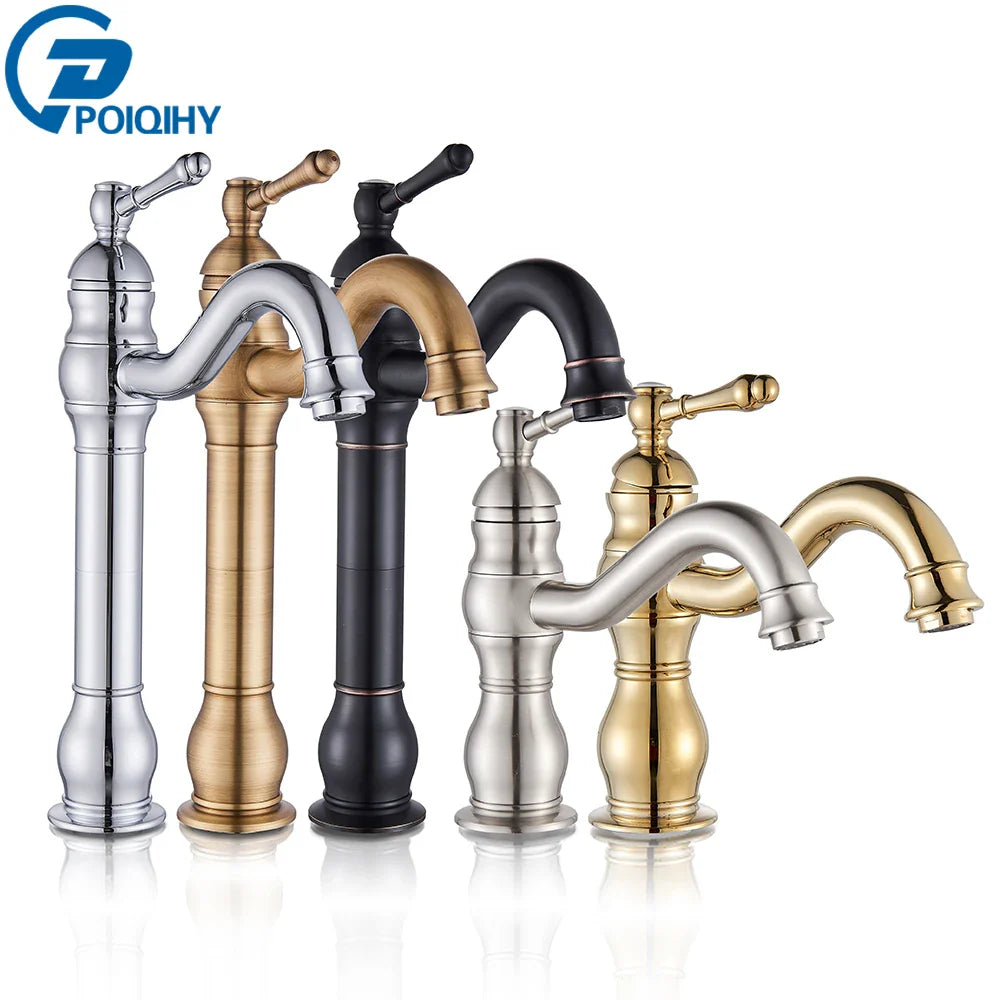 Antique Brass Vessel Sink Faucet Deck-Mounted Single Hole Hot & Cold Mixer Tap for Bathroom