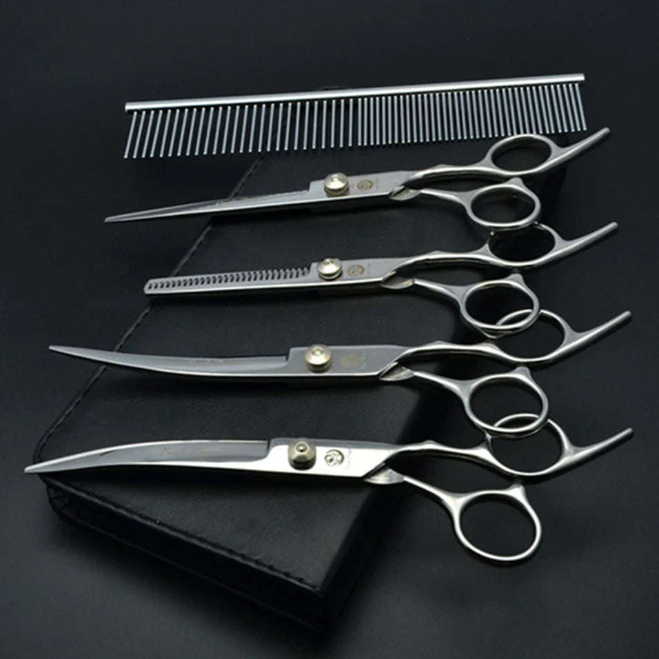 Dog Grooming Scissors Set 6" (15 cm) & 7" (17.5 cm) Stainless Steel Pet Shears — Thinning, Curved & Cutting