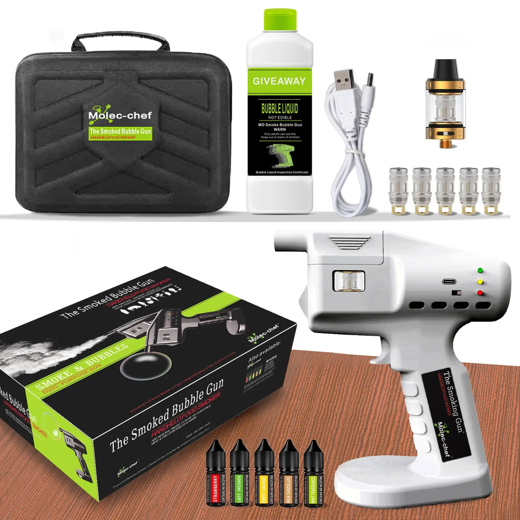 Cocktail Smoker & Smoke Bubble Gun Kit — Rechargeable Bartender Tool with Aroma Vials, Smoke Bubble Liquid & Travel Bag