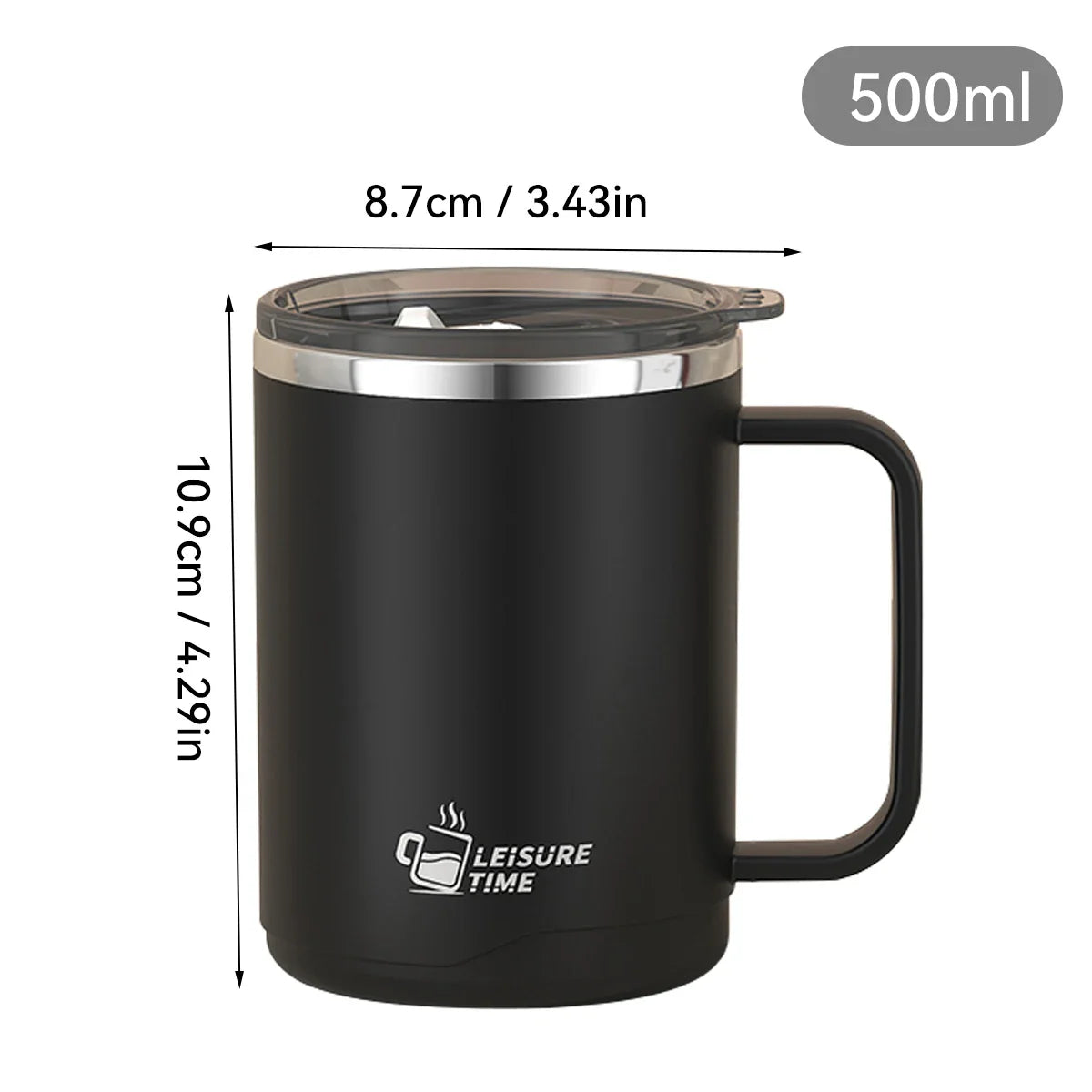 500ml (16.9oz) 304 Stainless Steel Double-Layer Insulated Travel Mug with Handle, Sealed Vacuum Flask