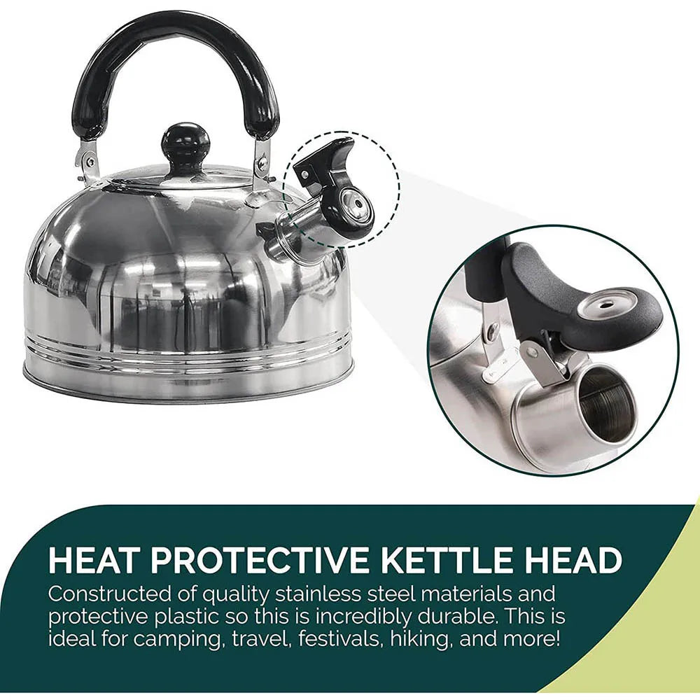 2L (68 fl oz) Stainless Steel Whistling Kettle – Portable Camping Teapot & Coffee Pot with Folding Handle
