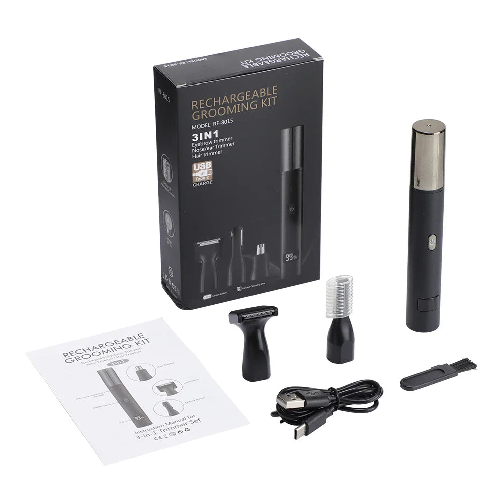 3-in-1 Rechargeable Nose Ear Eyebrow Trimmer for Men — USB Type-C, Digital Battery Display, 360° Rotary Painless Groomer