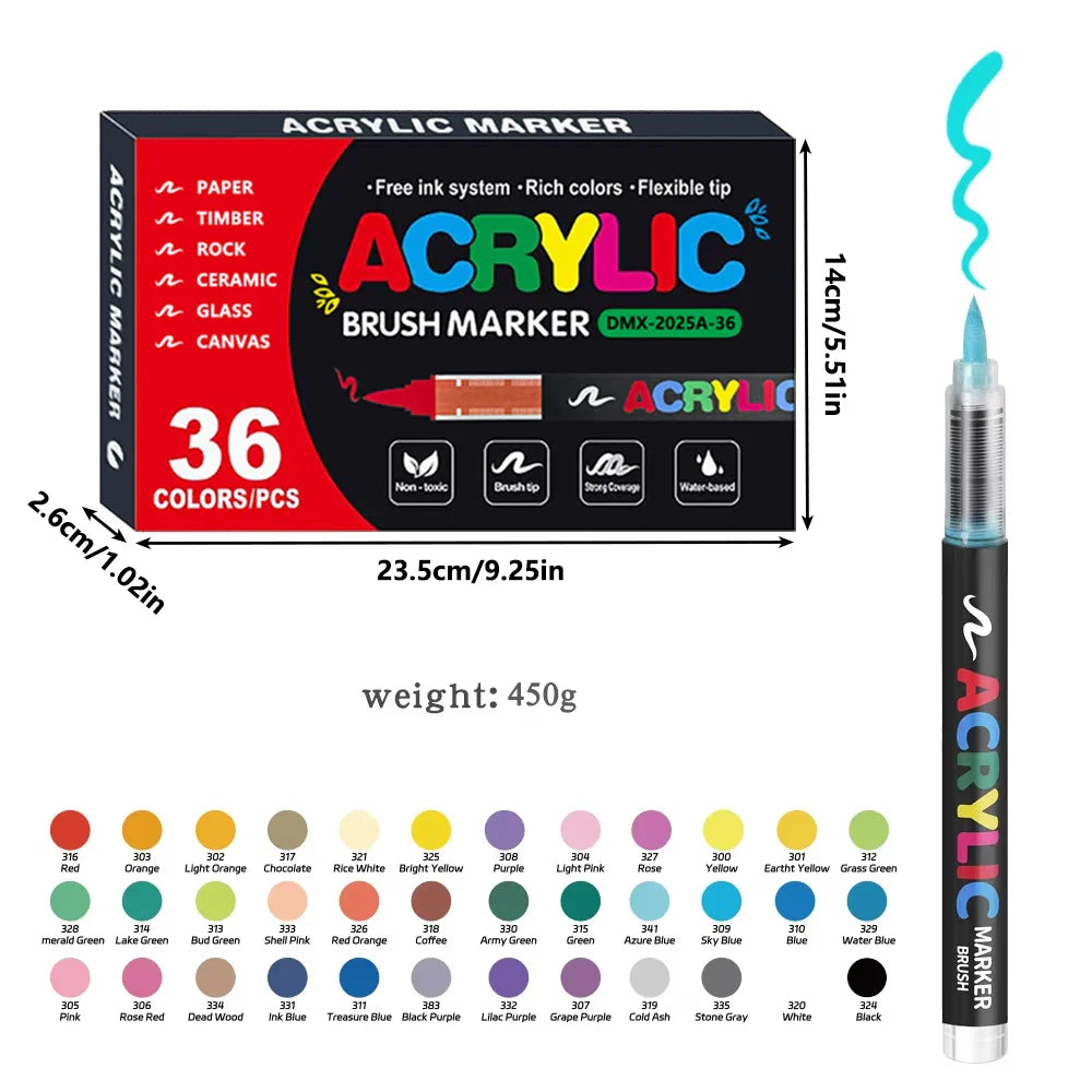 12/24/36/48/60-Color Acrylic Brush Paint Markers - Soft Brush Tip for Canvas, Stone & DIY Art