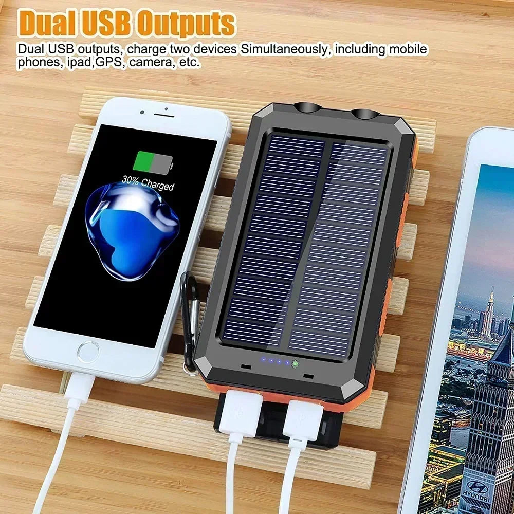 Solar Power Bank Waterproof – Fast Charging Portable Powerbank with Dual USB, SOS LED Light & Compass