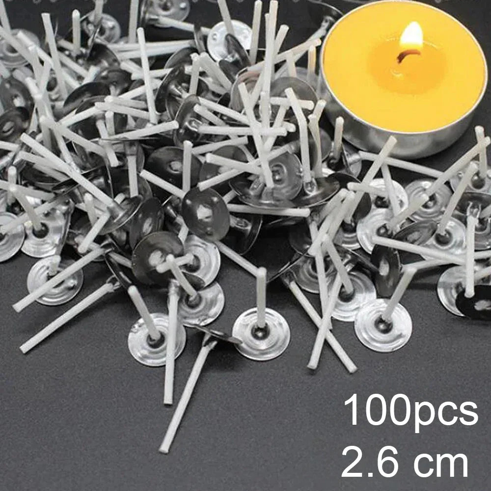 Pre-Waxed Cotton Candle Wicks 100-Pack (2.6–20 cm / 1.0–7.9 in) with Metal Bases, Adhesive Stickers & Holders — DIY Candle Making Kit