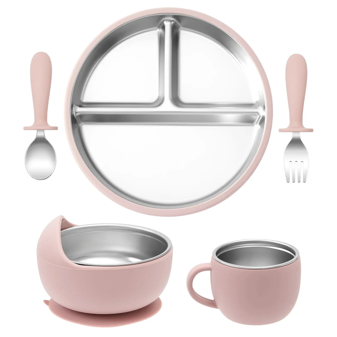 5-Piece Baby Feeding Set — Stainless Steel Plates & Utensils with Detachable Silicone Suction Bowl, BPA-Free Infant Fork Spoon Cup