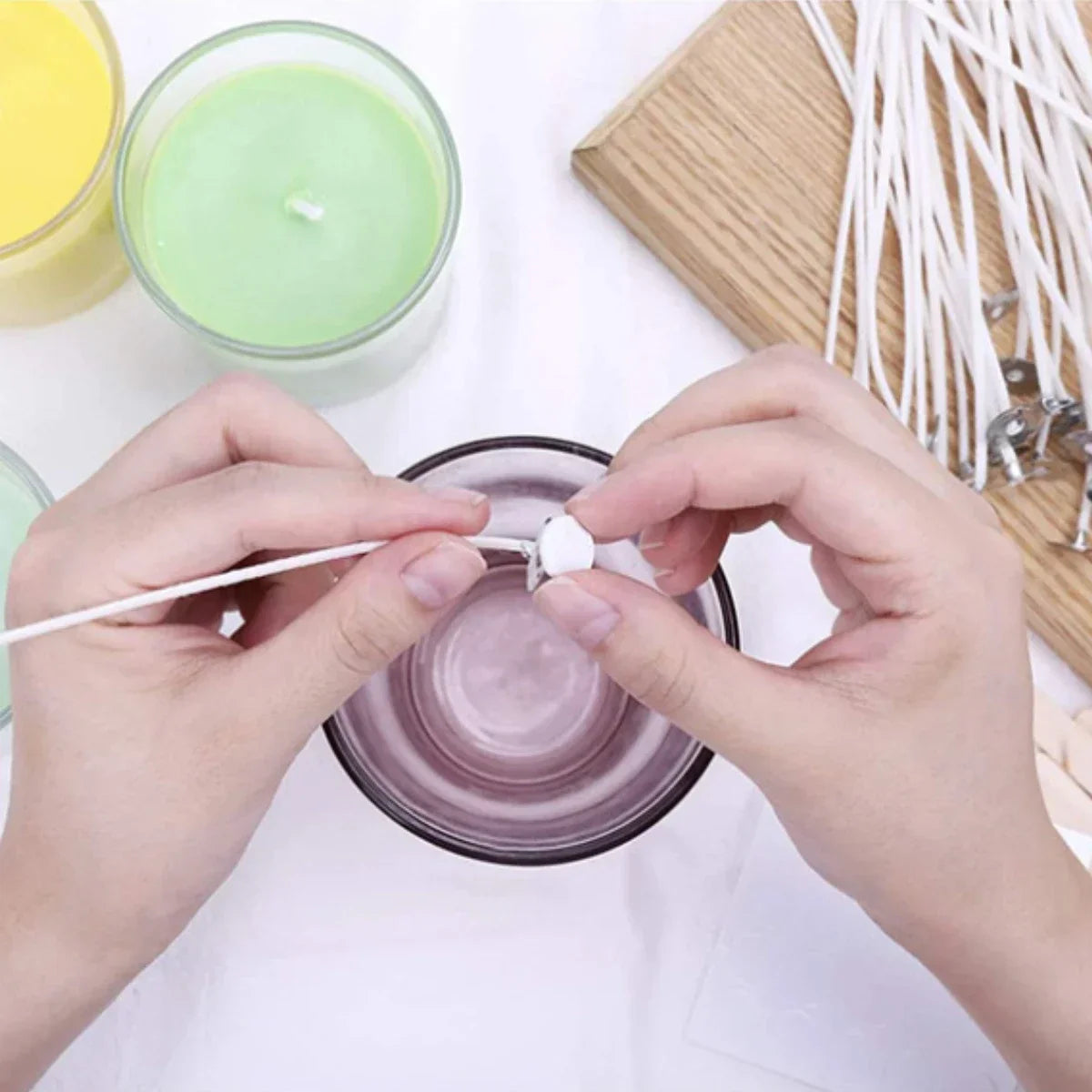 Pure Cotton Candle Wicks 100-Pack with Metal Wick Brackets & Silicone Punch Awl DIY Candle Making Kit