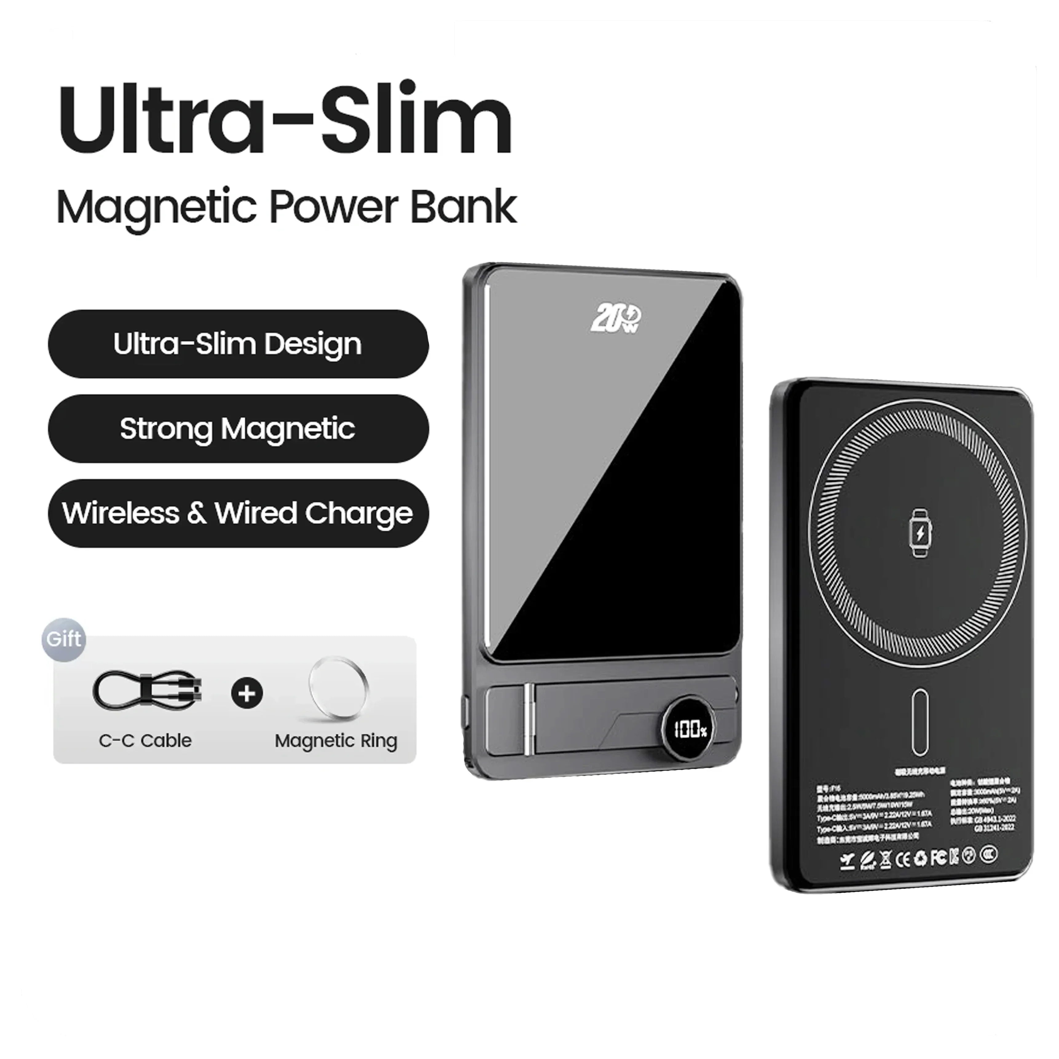 Magnetic Wireless Power Bank 10000mAh — 20W Fast Charging Portable Battery (Also 5000mAh) for Magnetic-Compatible Phones