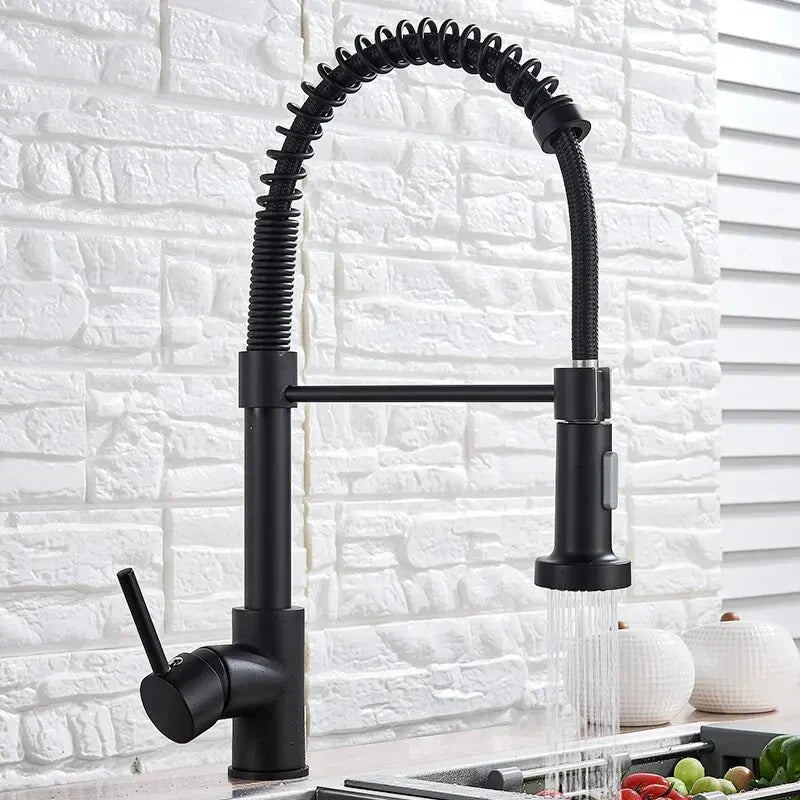 Brushed Nickel Pull-Down Kitchen Faucet, Deck-Mounted Mixer Tap, 360° Swivel, Stream & Spray, Single-Handle Hot/Cold