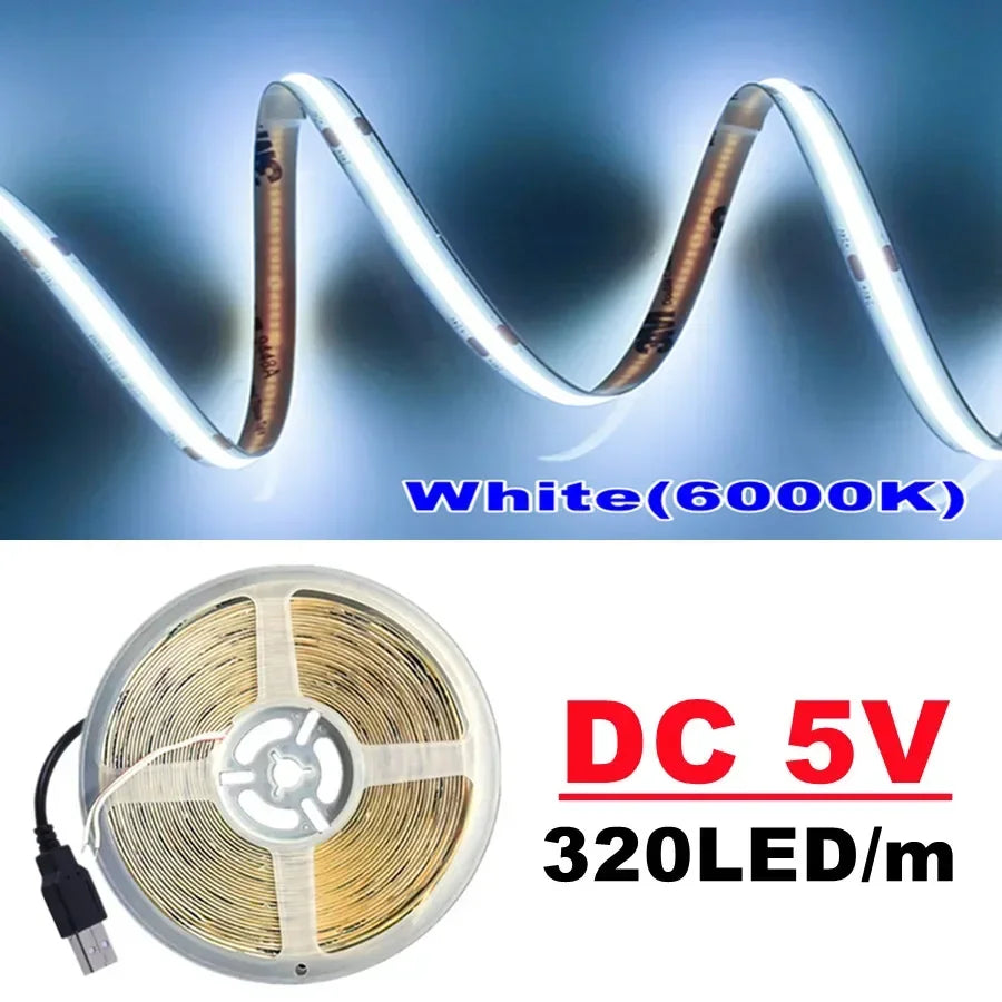 USB 5V COB LED Strip Light — 320 LEDs/m High-Density Flexible Tape, 0.5–5m (1.6–16.4ft), 3000K/4500K/6500K, CRI>90