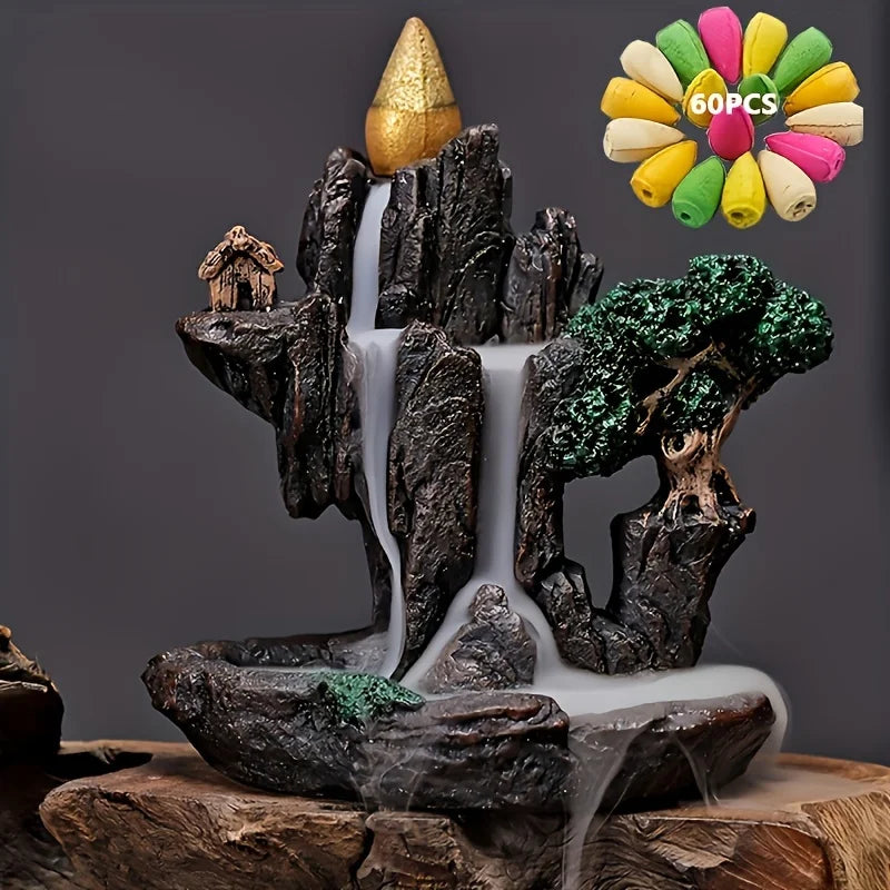 Backflow Incense Burner Waterfall Fountain – Mountain River Resin Censer with 60 Backflow Cones