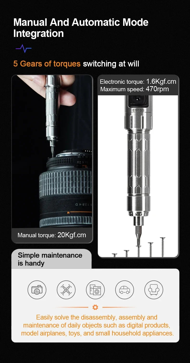 Smart Motion-Control Cordless Electric Screwdriver, USB Rechargeable with 4mm Hex Bit Set (16 pcs) & LED Light