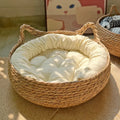 Handmade Vine-Woven Cat Nest Bed with Detachable Washable Pad, Four-Seasons Natural Straw Pet Bed