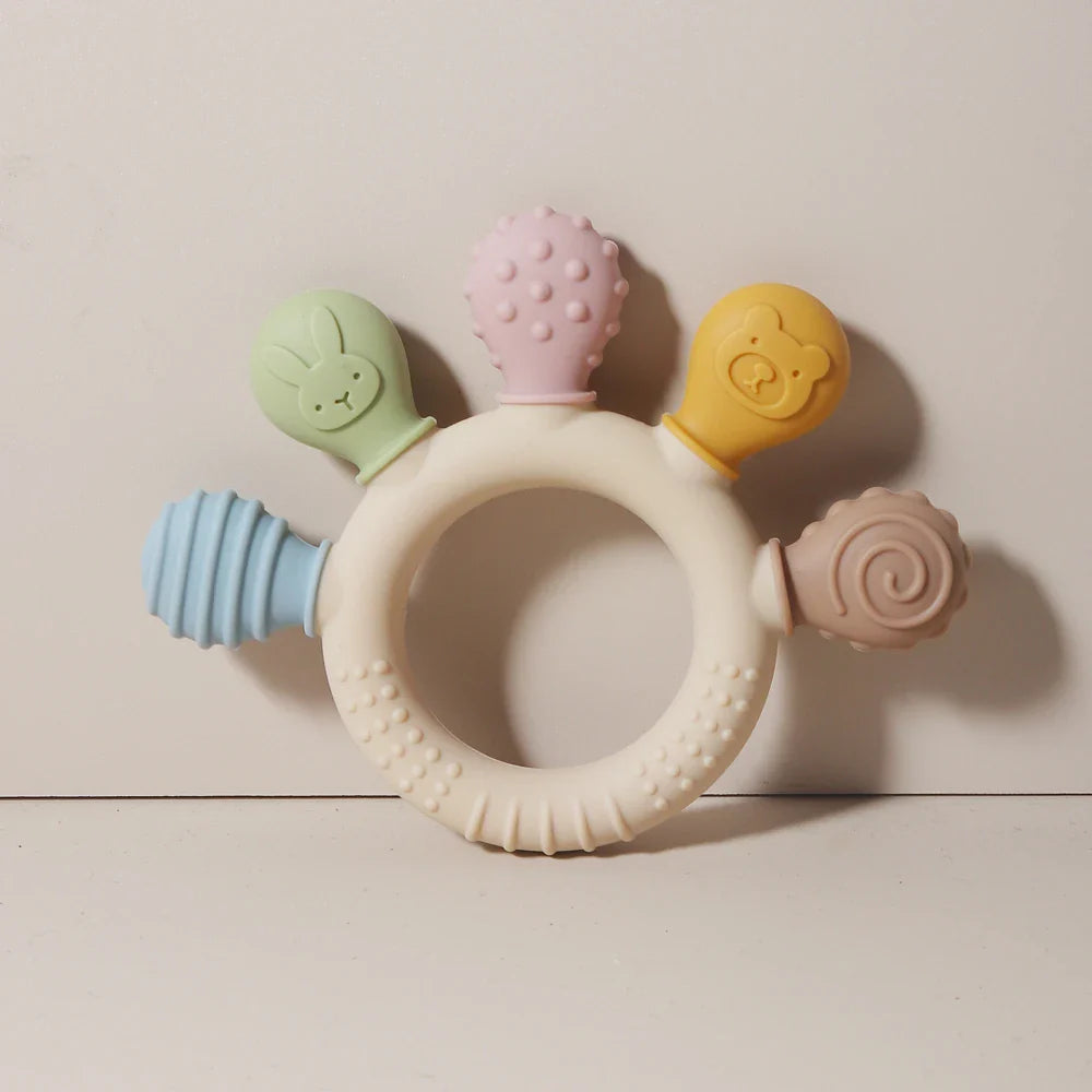 Multicolor Silicone Baby Ring Teether – Calming Chew Beads Sensory Gum Relief for 0–24 Months