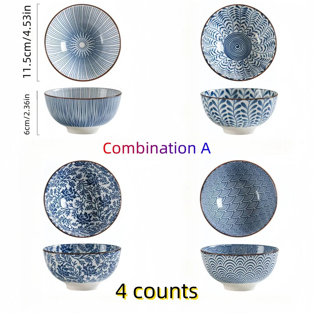 Japanese-Style Blue & White Hand-Painted 4.5-Inch (11.5 cm) Ceramic Rice Bowl Retro Tableware