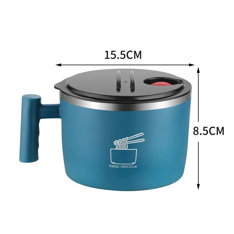 Double-Wall Stainless Steel Instant Noodle Bowl with Lid & Drain – 1L (1000 mL / 33.8 fl oz) Portable Insulated Bowl