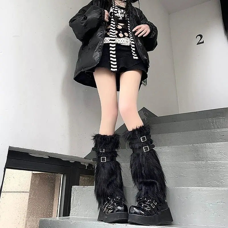 White Faux Fur Leg Warmers Y2K Goth Knee-High Boot Covers