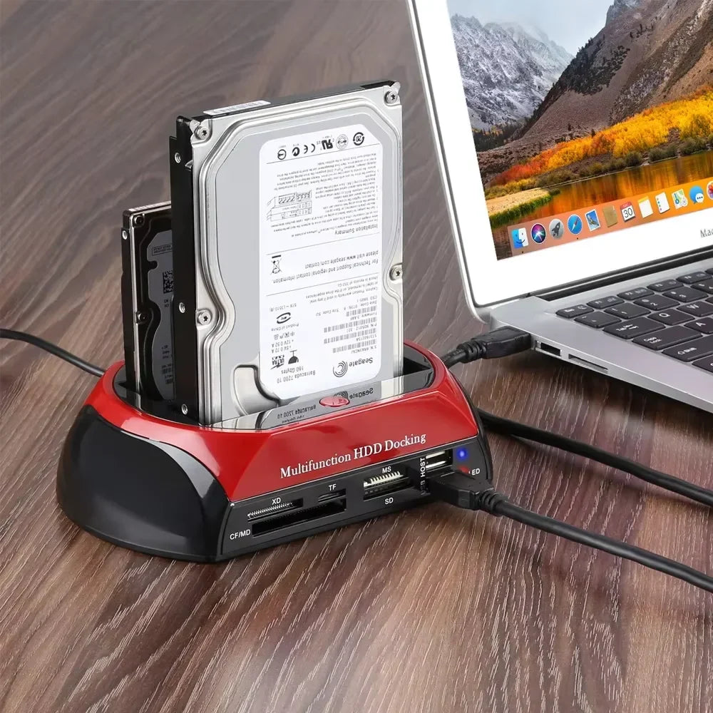 10-in-1 Dual-Bay HDD Docking Station USB 3.0 (5Gbps) for 2.5"/3.5" HDD & SSD, TF/SD Card Reader with 12V 3A Adapter