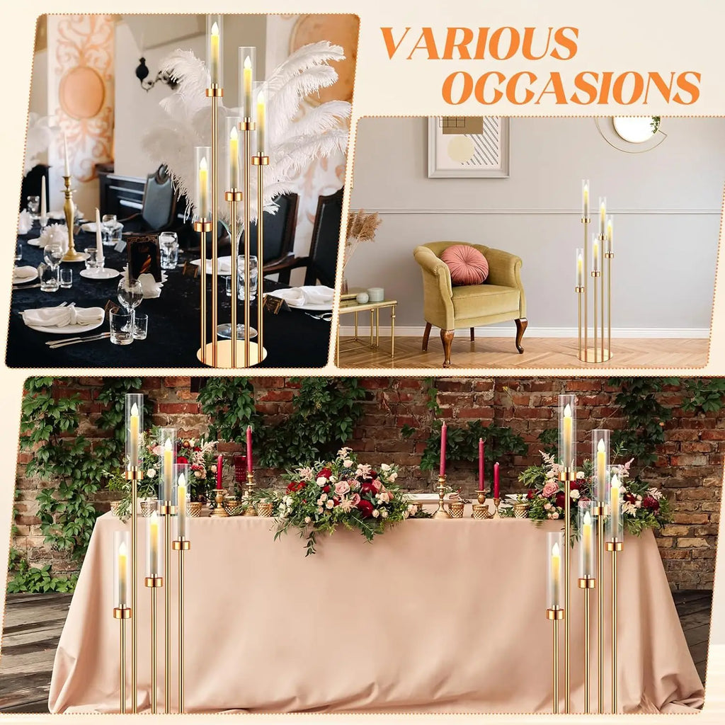5-Arm Floor Candelabra 42.5 in (108 cm) Gold Metal Candle Holder Centerpiece with Removable Acrylic Shades