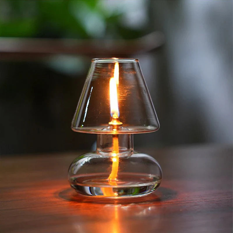 Hand-Blown Clear Glass Oil Lamp Lantern – Windproof Candle Holder for Home, Wedding & Patio