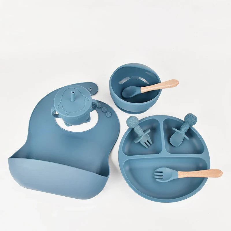 Baby Silicone Dinnerware Set 6/8-Piece with Suction Plate, Bib, Forks, Spoons, Straws & Cup – Feeding Set for Babies & Toddlers
