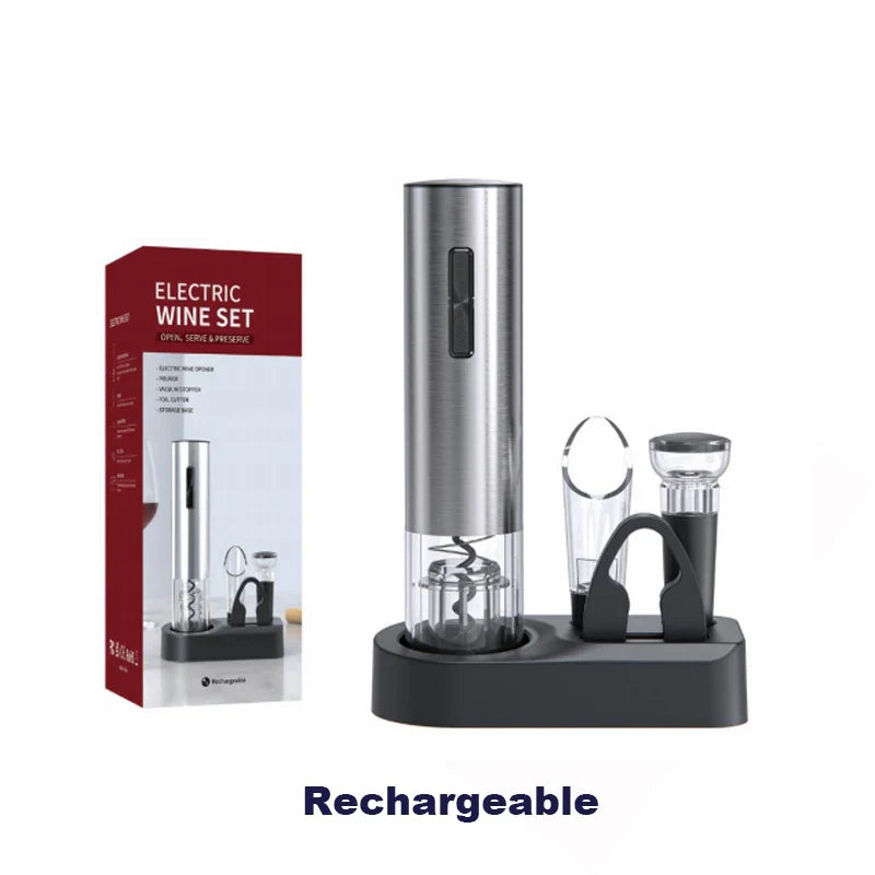 Automatic Electric Wine Bottle Opener 4-in-1 – Battery-Powered Corkscrew with Foil Cutter, Wine Pourer & Vacuum Stopper with Storage Base