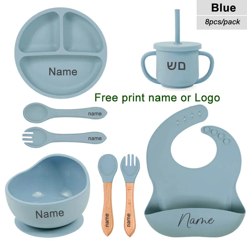 8-Piece Silicone Baby Feeding Set with Suction Plate, Bowl & Straw Cup — Personalized Kids Tableware, BPA-Free