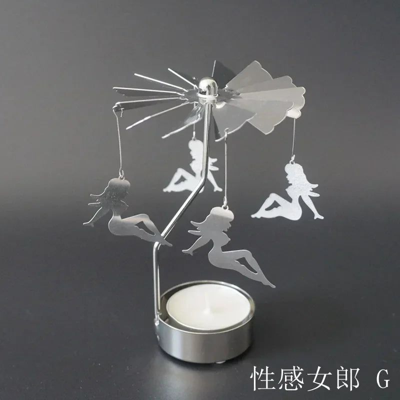 Spinning Metal Carousel Tea Light Candle Holder, Rotating Christmas Candelabra for Home Decor (3.15 x 5.12 in / 8 x 13 cm)
