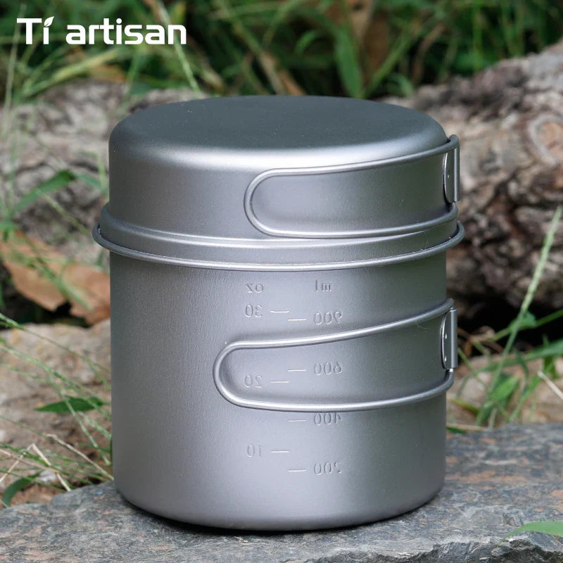 Ultralight Titanium Camping Cookware Set – Folding Handle Pot & Frying Pan for Backpacking, Hiking & Picnic