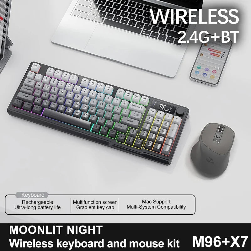 96-Key Bluetooth & 2.4G Wireless Gaming Keyboard with Smart Screen, RGB Backlight, Ergonomic PBT Keycaps — Multi-Device for PC Laptop Tablet