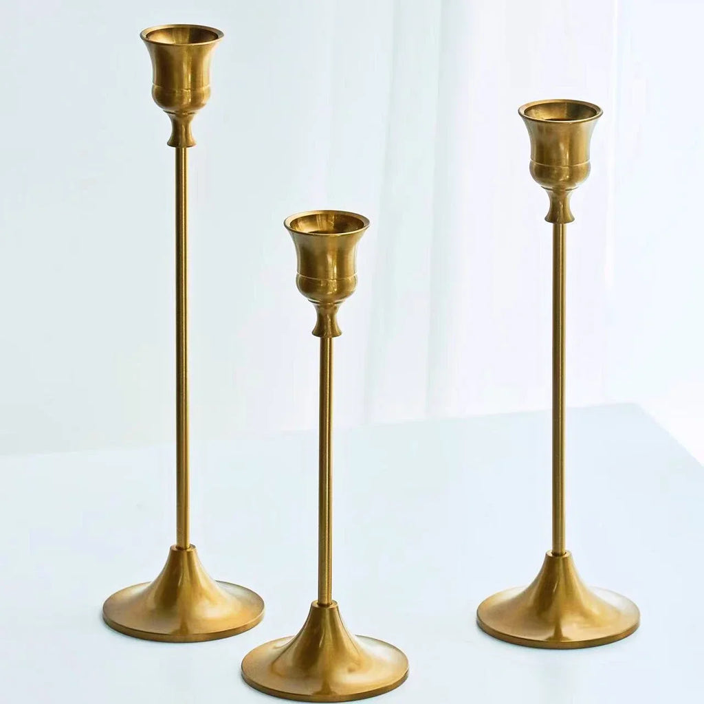 3-Piece Brass Gold Candlestick Holder Set 5.9/7.3/9.3 in (15/18.5/23.5 cm) Taper Candle Stands for Wedding & Home Decor