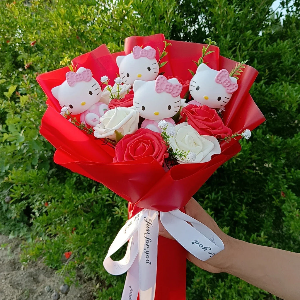 Kawaii Cat Plush Bouquet with Soap Rose Flowers — Cute Valentine's Day, Birthday & Graduation Gift