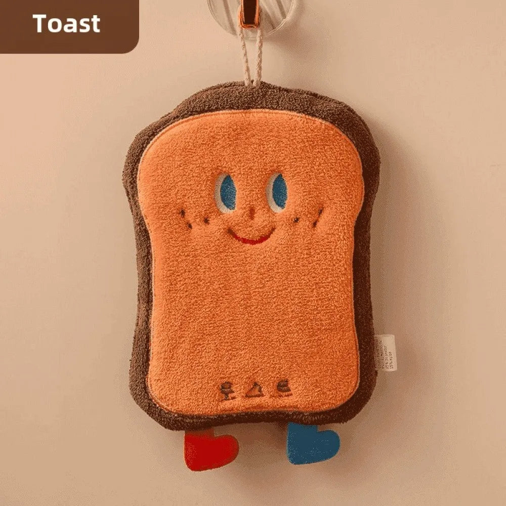 Cute Food-Shaped Coral Velvet Hand Towel — Absorbent Kitchen & Bathroom Cloth (Cheese Toast Cookie Donut)