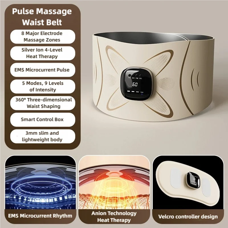 Electric Abdominal & Lumbar Pulse Massager – EMS Heating Belt with 4 Temperature Levels, 5 Modes & 9 Intensities, USB-C Rechargeable