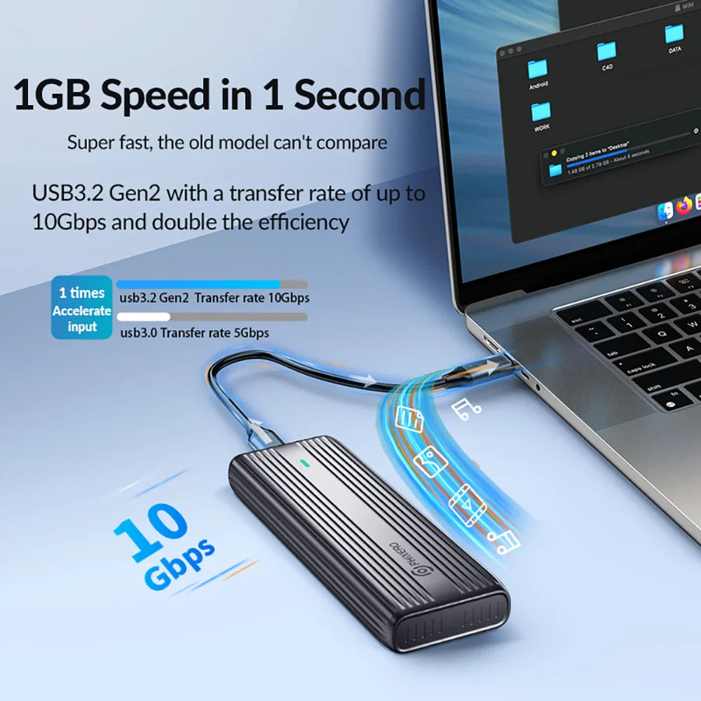 M.2 NVMe & SATA SSD Enclosure USB-C 10Gbps (USB 3.1 Gen2) Tool-Free Aluminum Case — Supports 2230/2242/2260/2280