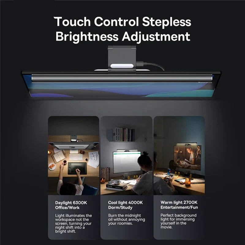 USB Clip-On Monitor Light — Dimmable LED Screen Lamp with Backlight, Touch Control, 2700–6500K, CRI 95+