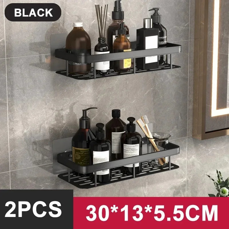 No-Drill Aluminum Alloy Bathroom Shower Shelf Wall-Mounted Shampoo Rack and Kitchen Organizer