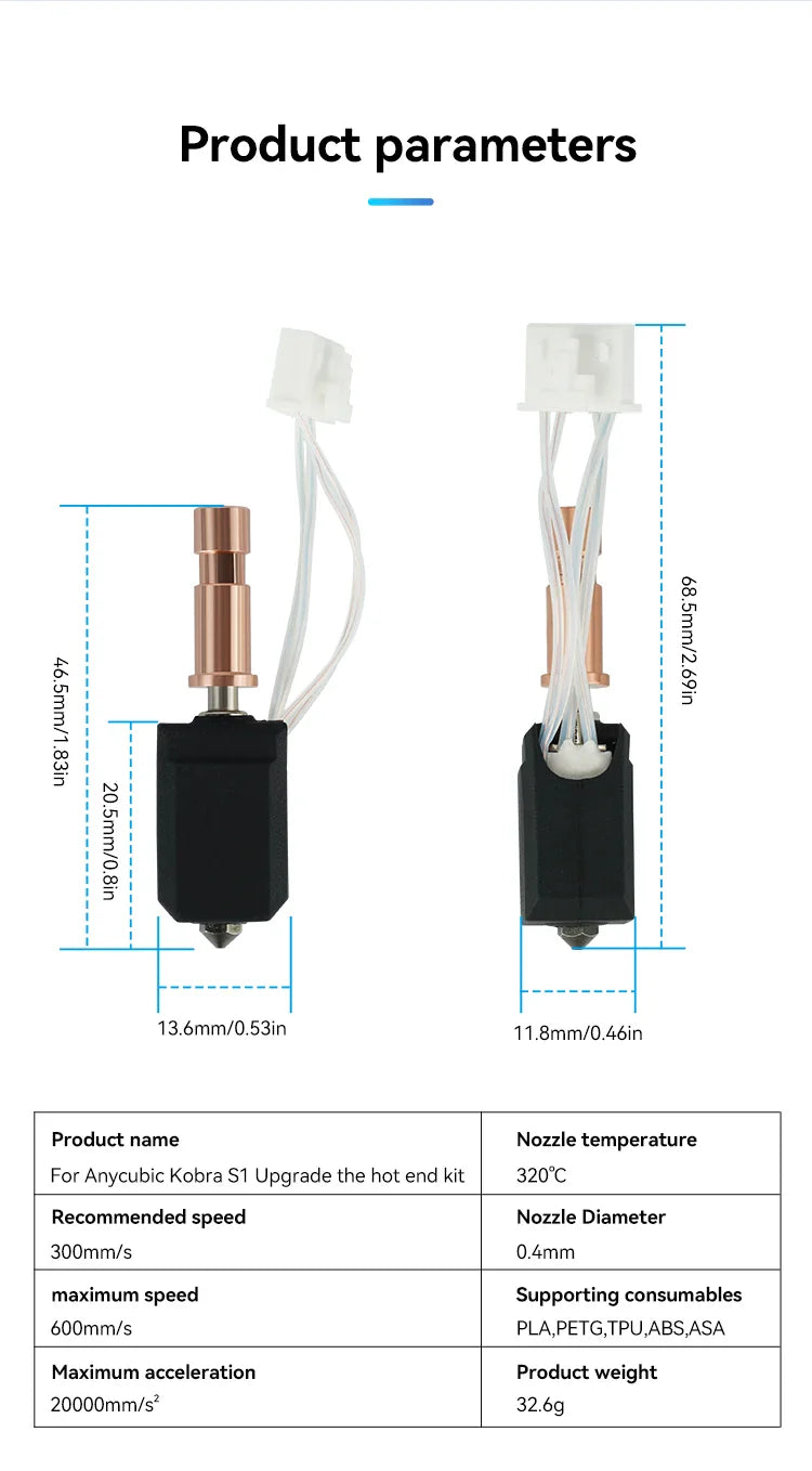 Ceramic Hotend Upgrade Kit for Kobra S1 & S1 Combo — 24V 48W 200K Thermistor Fast-Heating up to 300°C