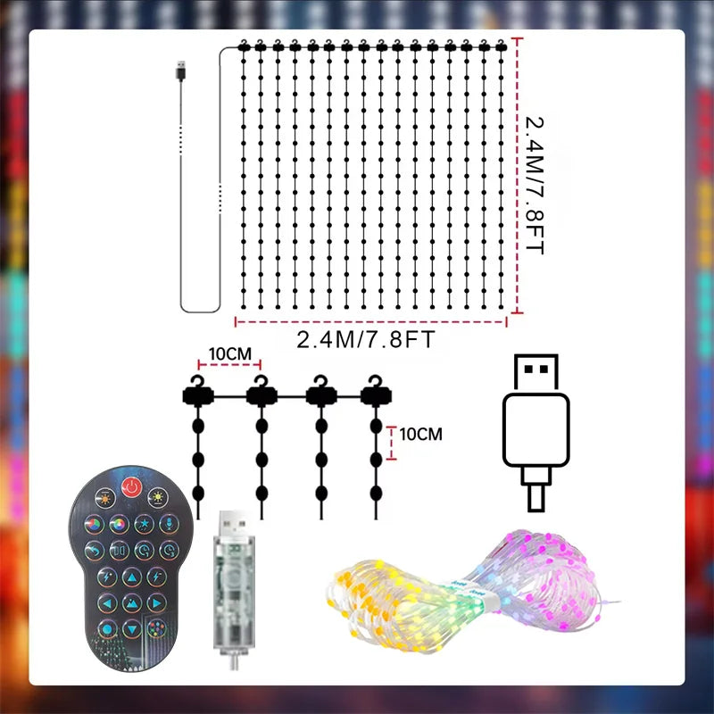 LED RGBIC Smart Curtain String Lights USB Powered App & Remote Control, Music Sync DIY Patterns, IP67 Waterproof — 1.6×1.6 m (5.25×5.25 ft) or 2.4×2.4 m (7.87×7.87 ft) for Bedroom Party Outdoor