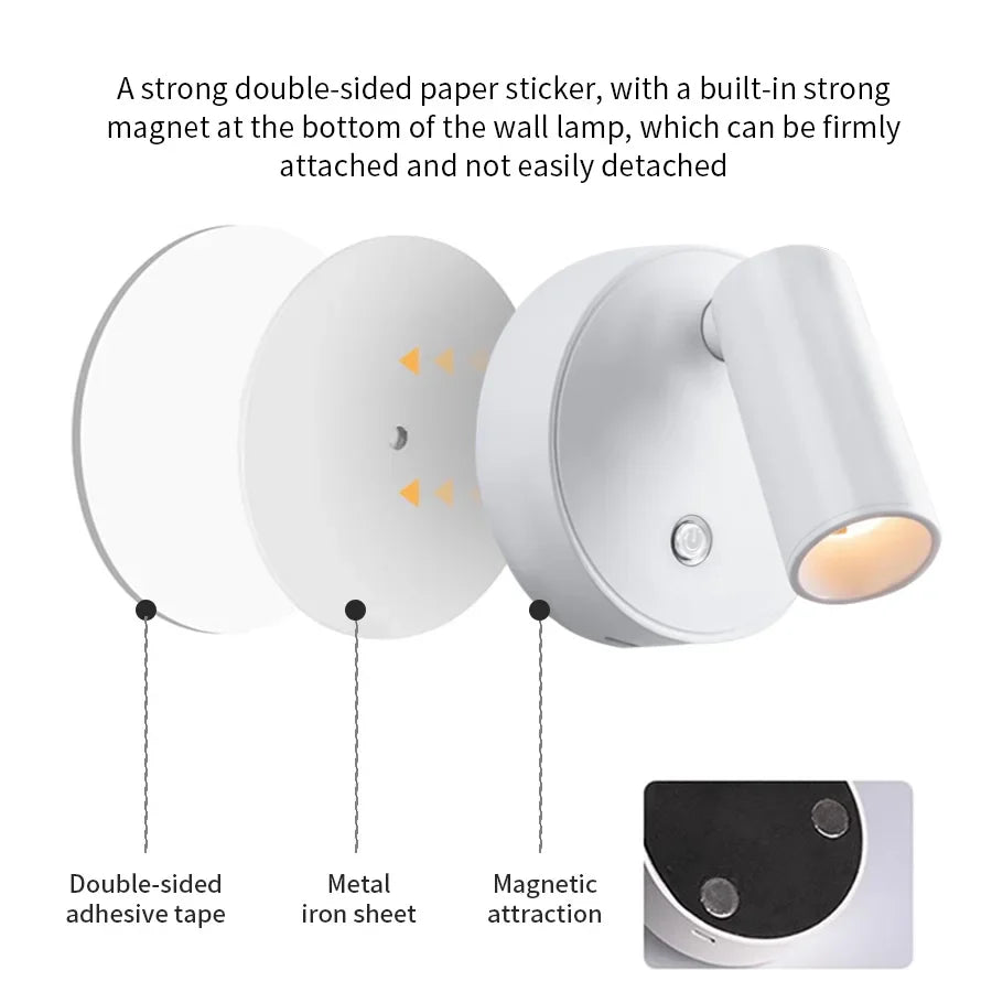 USB Rechargeable Magnetic LED Cordless Wall Light – Touch Dimmable Bedside Reading Lamp (Black/Gold/Silver/Orange/Coffee/White)