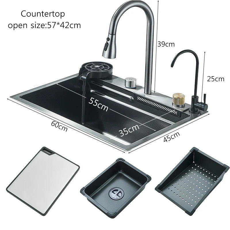 304 Stainless Steel Waterfall Kitchen Sink Large Single Bowl Undermount 60 x 45 cm (23.6 x 17.7 in) Brushed Finish Faucet Set 3-Way Pull-Out Sprayer