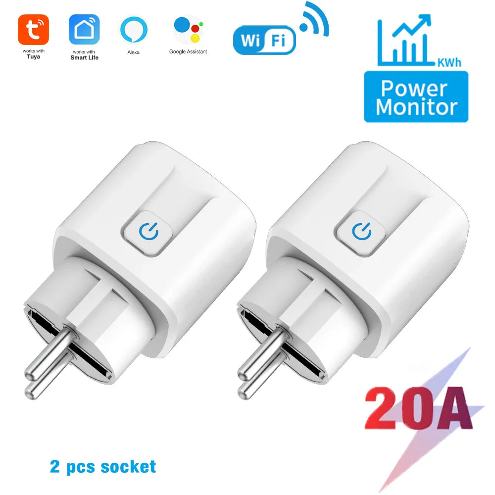 Smart WiFi Dual Outlet Wall Socket 16A/20A – Voice Control with Google & Alexa, Timer & Energy Monitoring (EU Plug)